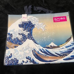 Daiso Japan Great Wave Tote Bag Blue Hokusai Reusable Shopper Art Print