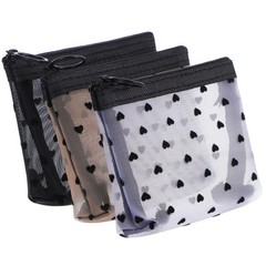 Aiyorse 3Pcs Mini Cosmetic Bags, Heart Print Zipper Beige, Black, White