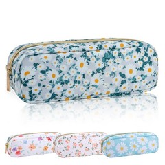Nylon Floral Small Makeup Bag Slim Pouch, Cute Preppy Slim, Green-Daisy