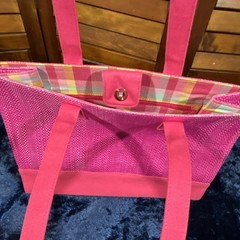 Pink Fabric Tote Bag Foldable with Inner Pocket, Button Closure, Checked Interi…