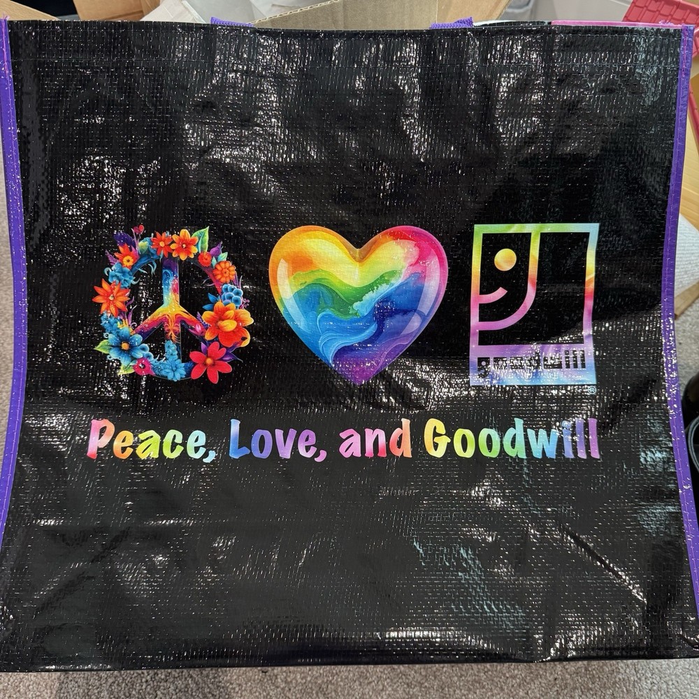 “Peace Love And Goodwill” Large Reusable Shopping Tote Bag Rainbow Colors Black