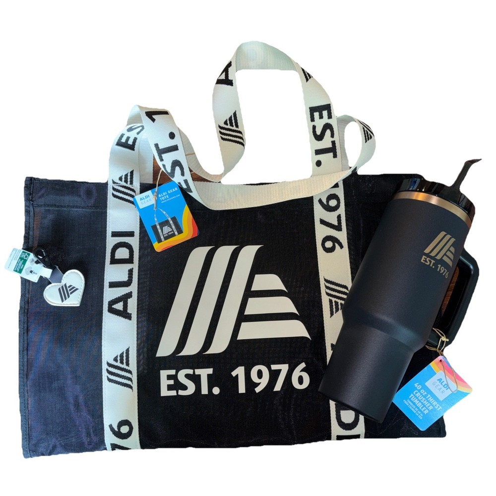 ALDI Mesh Tote Bag Black Est 1976 White Straps Stainless Tumbler & Coin Holder