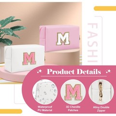 Personalized Makeup Bag Initial A-Z Preppy Patch M, White,Pink-Letter