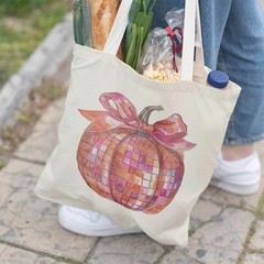 Disco Pumpkin Canvas Tote Bag,Fall Autumn Canvas Bag,Bow Pumpkin Canvas Tote …