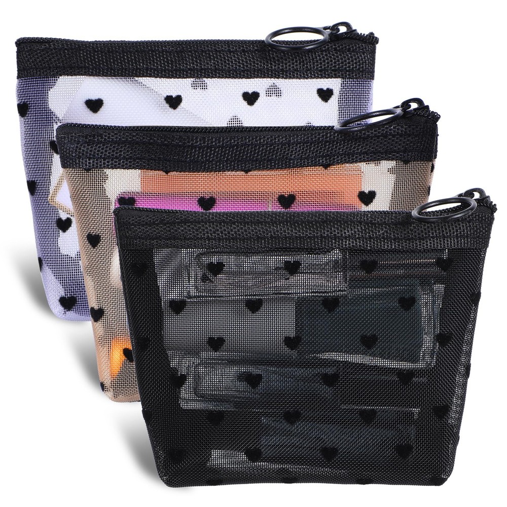 Aiyorse 3Pcs Mini Cosmetic Bags, Heart Print Zipper Beige, Black, White