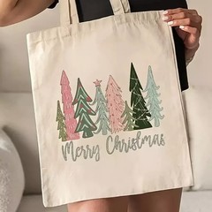 Tote bag Christmas Trees Canvas Tote Bag Reusable Sturdy with “Merry Christmas”