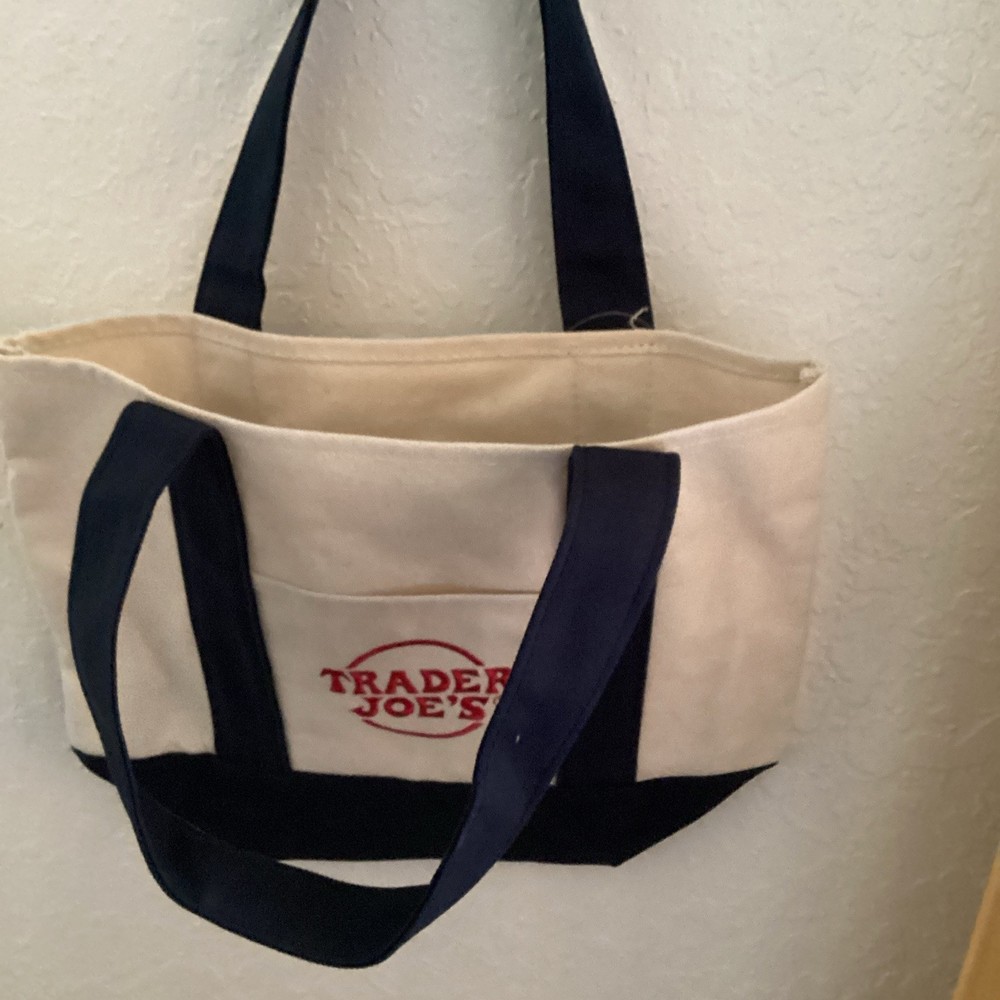 Trader Joe’s Mini Canvas Tote Bag Beige/Blue Cotton Polyester Logo Tote