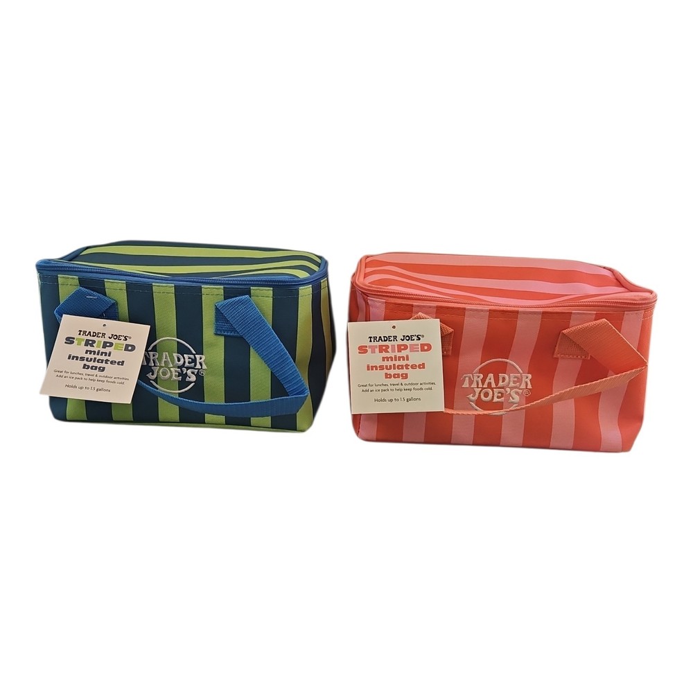 Trader Joe’s Mini Insulated Green and Pink Striped Color Tote Bags Set of 2