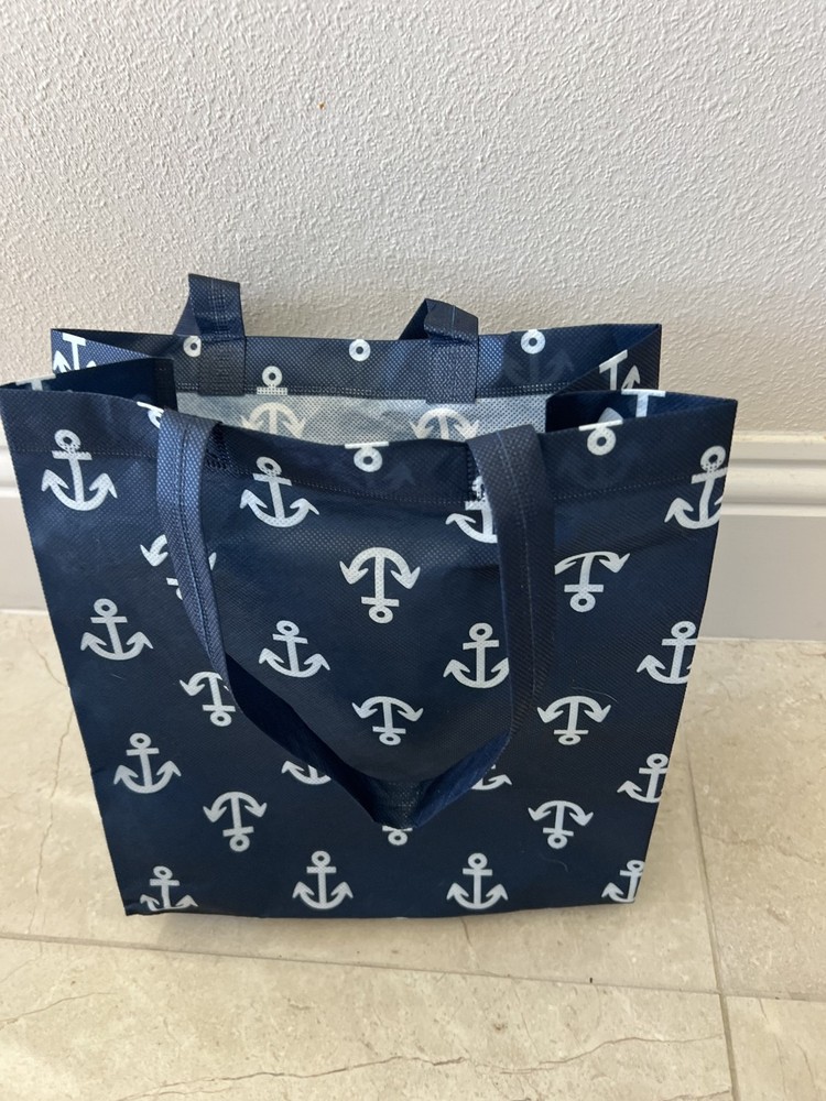 NAUTICAL Navy Blue ANCHOR Reusable Shopping Tote Bag Shoulder Bag 12″x12″ FOLDS