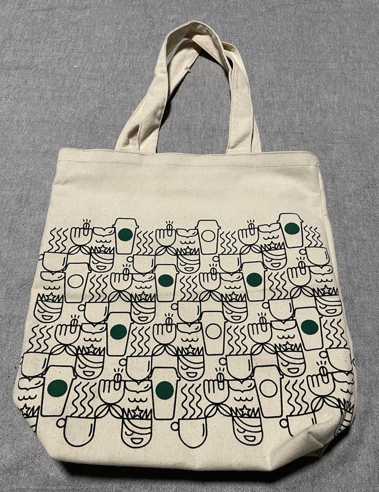 Starbucks Canvas Tote Bag Lined Reusable All-Over Cups Beige/Green 15x12x5
