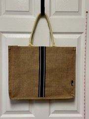 Acuario Jute Burlap Market Tote Reusable Grocery Bag Triple Stripe Zip Top