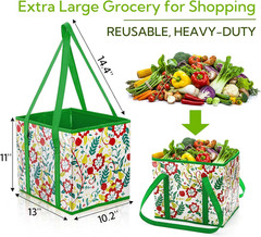 4 Pack Reusable Grocery Bags, Large Heavy-Duty Shopping Tote with Box Shape