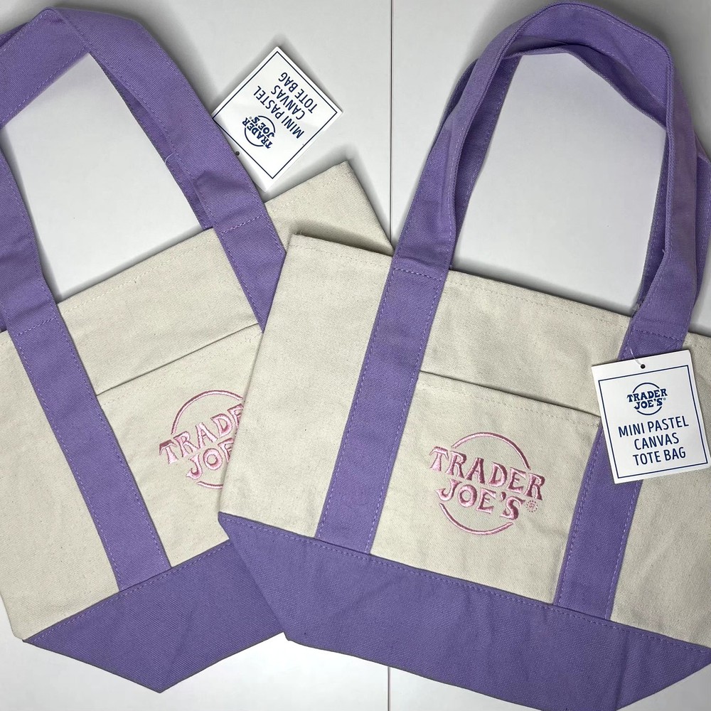 Set of 2 Trader Joe’s Canvas MINI Tote Bags Spring Color — PASTEL PURPLE + Pink!