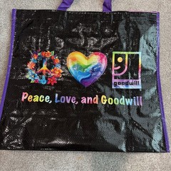 “Peace Love And Goodwill” Large Reusable Shopping Tote Bag Rainbow Colors Black