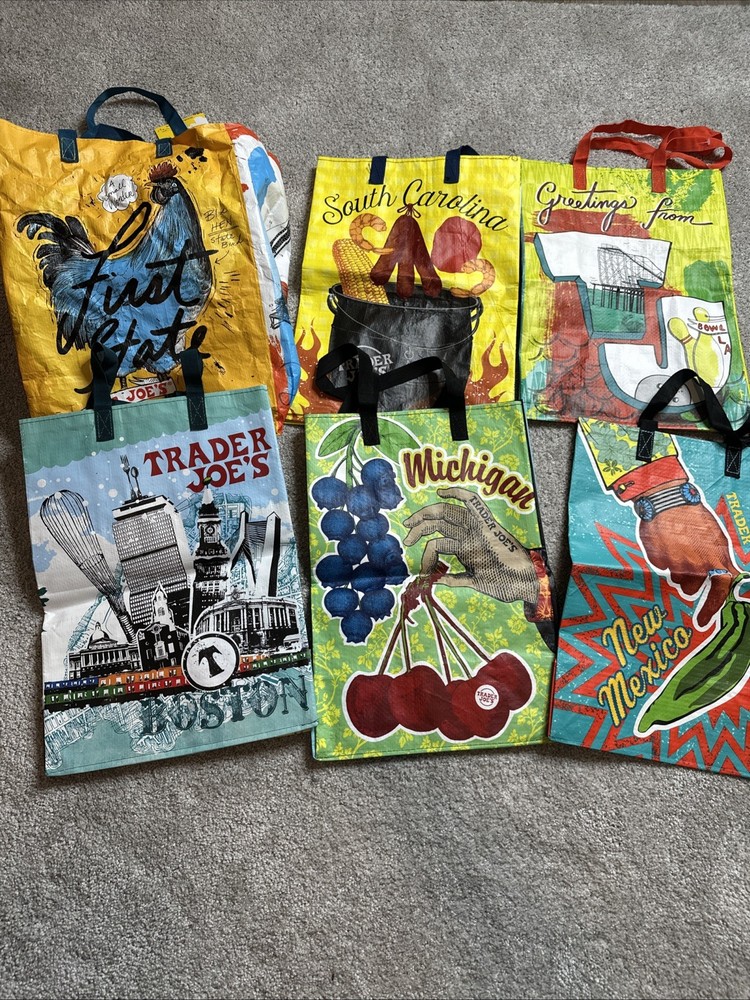Trader Joe’s Reusable Shopping Tote Bags Lot of 6 City State TJ