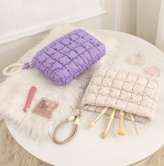 DOB SECHS Puffer Quilted Makeup Bag with Handle, Cute Puffy Cotton Khaki