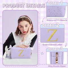 Personalized Gift Initial Makeup Bag,Preppy Gold Embroidered Letter Z, Purple