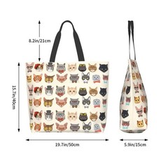 Funny Cat Tote Bag Kitty Print Shoulder Handbag, Reusable Polyester Shopping Bag