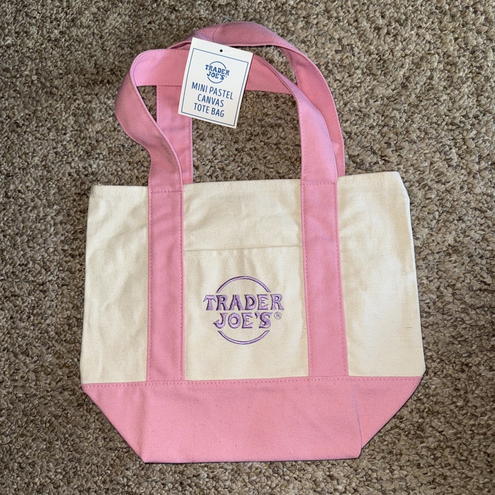 Trader Joe’s Mini Tote Bag Pink Handles With Lavender Embroidery New