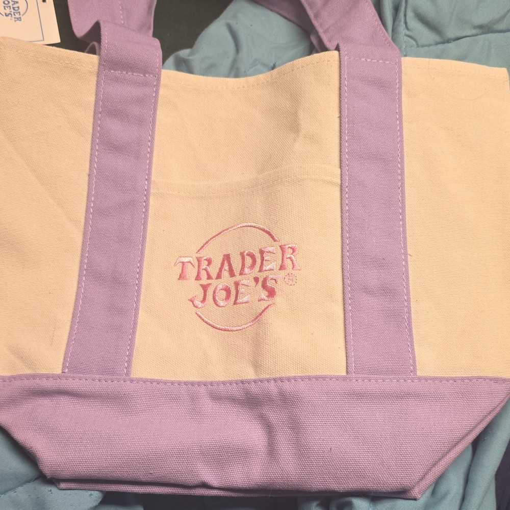 Trader Joe’s 2025 Collection Mini Pastel Canvas Tote Bag Cotton W/ Purple Stripe