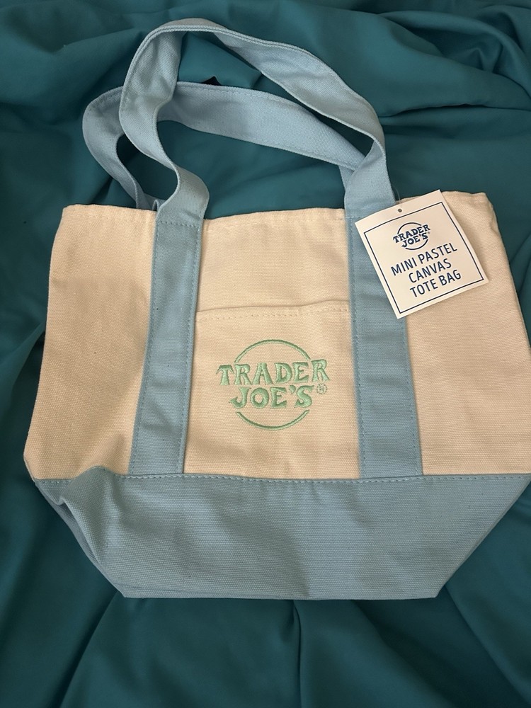 Trader Joe’s Mini Canvas Tote Foldable Colorblock Beige & Light Blue Small