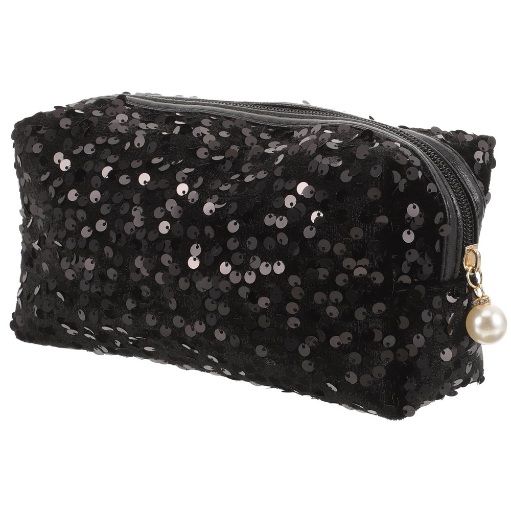 VALICLUD Sequin Cosmetic Bag Square Lightweight Portable Makeup Black