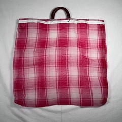 VTG 60’s Mesh Market Red Pink White Plaid Tote Beach Bag XL Mexico Top Handles