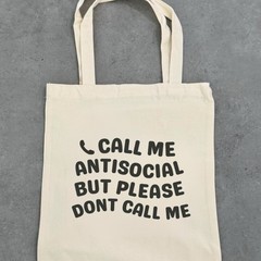 Call Me Antisocial Canvas Tote Bag Foldable Beige Text Print Shopping Bag