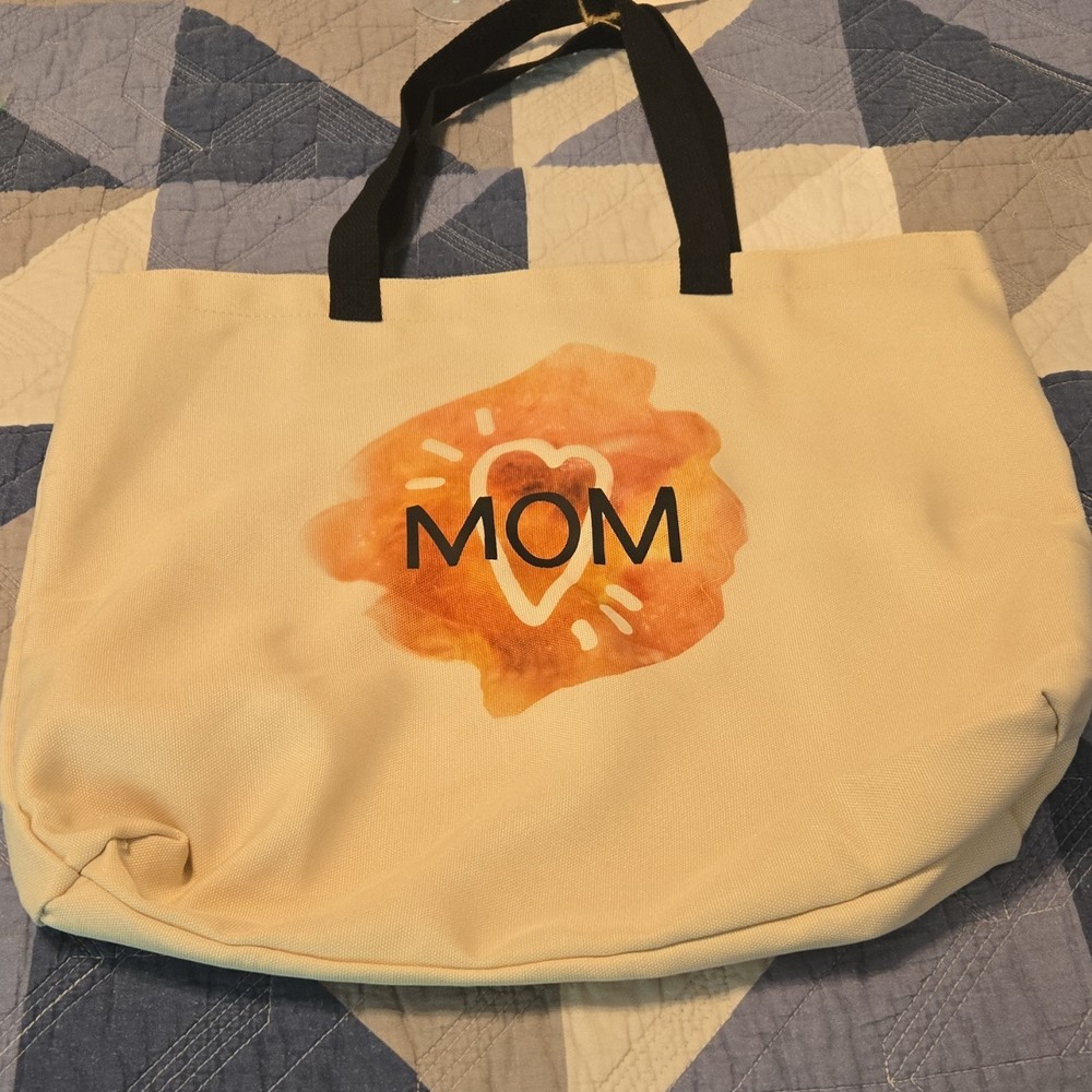 Cricut Polyester Reusable Tote Bag MOM Graphic Beige Black Handles