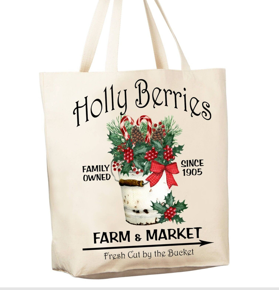 Reusable Grocery Shopping Cotton Canvas Bag, Holly Berry Christmas