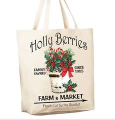 Reusable Grocery Shopping Cotton Canvas Bag, Holly Berry Christmas