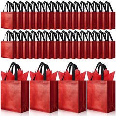 60 Sets Reusable Gift Bags Tissues Papers Glossy Non Woven Tote Red Handle