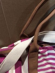 Lot Of 2 Stylish Plastic & Canvas Reusable Tote Bags Pink With White Stripe XL