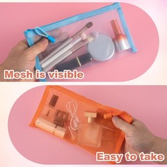 BEIQIYA 3pcs Mini Mesh Makeup Bags, Small Zipper 3pcs-Orange & Pink & Blue