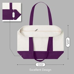 Canvas Tote Bag with External Pocket 1Pk Reusable Bag Top Zipper Closure Purple