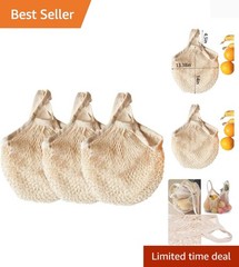 Lightweight Cotton Mesh Grocery Bags with Drawstring – Pack of 3 Beige