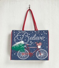BELIEVE BICYCLE Holiday Burlap Tote Bag, Inside Slip Pocket, 18″W Snap at Top
