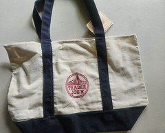 Trader Joe’s Large Polyester Reusable Tote Bag Beige/Blue Logo 20×20 14″