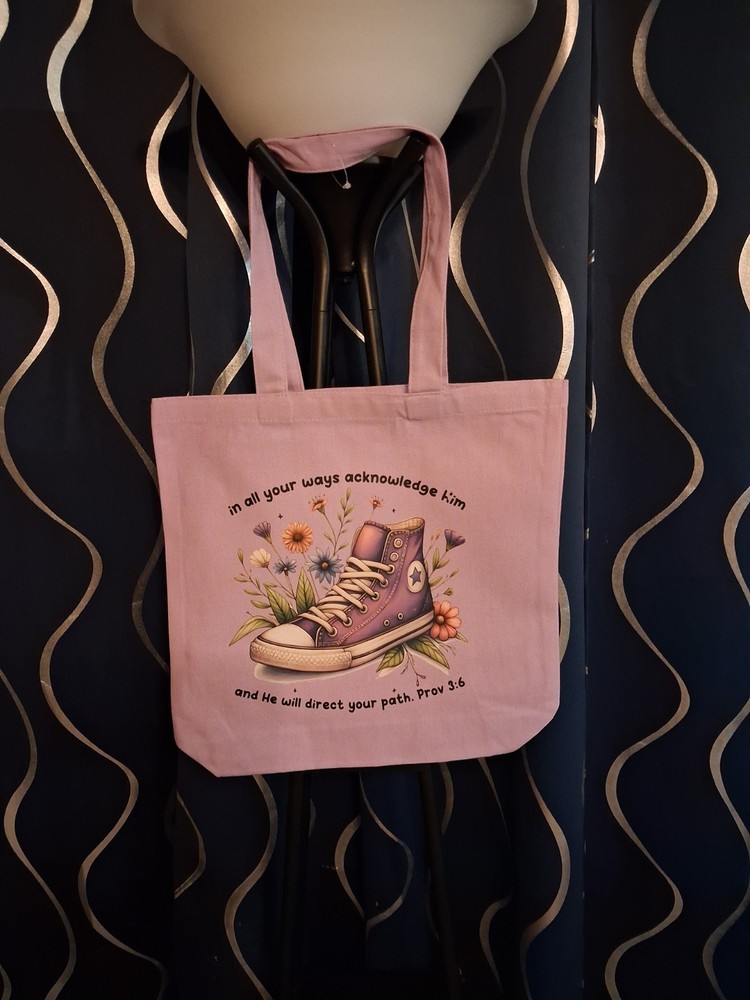 Canvas Reusable Tote Bag with Floral Nature Design Proverbs 3:6 Print