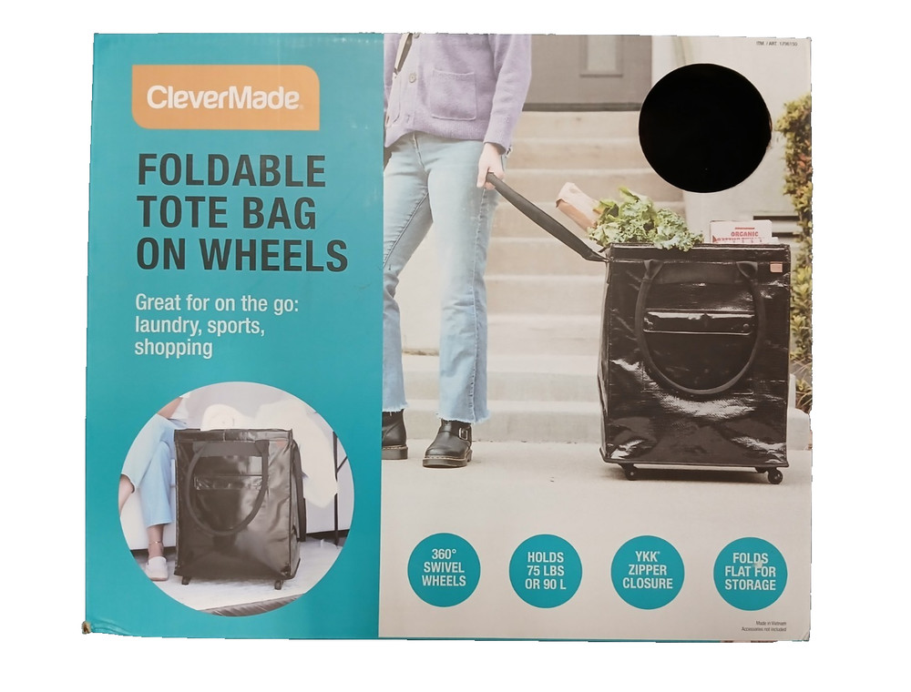 CleverMade Foldable Rolling Tote Bag Foldable Laundry Grocery Cart Wheels 90L
