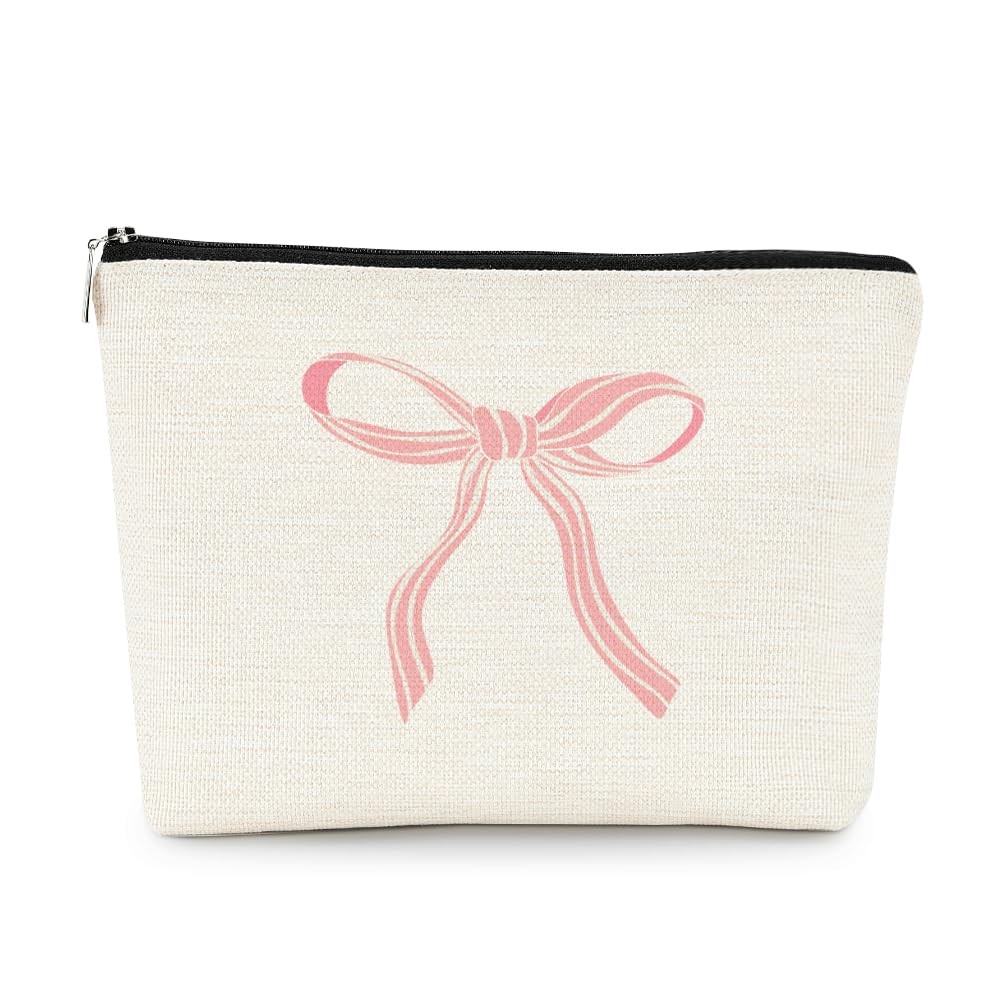 EXUQO Coquette Pink Bow Preppy Small Makeup Bag,Trendy Teen Girls pinkbow-E