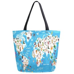 Extra Large Tote Bags, Cartoon Animals World Map Canvas Market Beach Travel G…