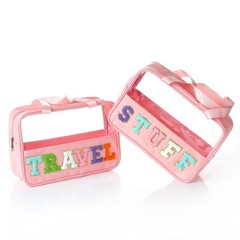 TRIP TIGER Girls Clear Makeup Bag with Chenille Letter Pink/Clear