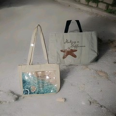 Reusable Tote Shopping Bags Lot Of Two Various Sizes Beige Double Handles