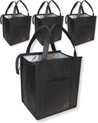 4 Pack Black Insulated Grocery Bags Reusable with Zippered Top for Food & Shoppi