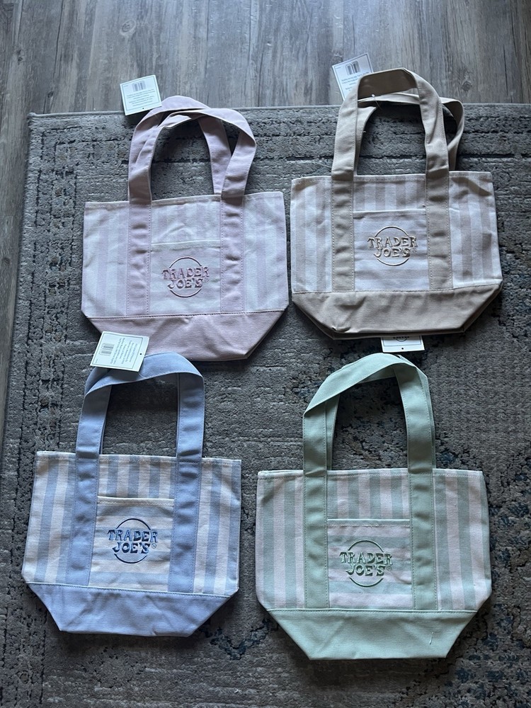 Trader Joes Mini Canvas Tote Bags Pastel Tan Pink Blue And Green Lot Of 4