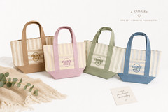 EBIN Striped Canvas Reusable Tote Bag w/ Front Pocket Beige Pink Sage Blue