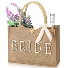 Wedding Bride Bag Natural Jute Tote Ribbon Gift Handle Shower Gold Edges
