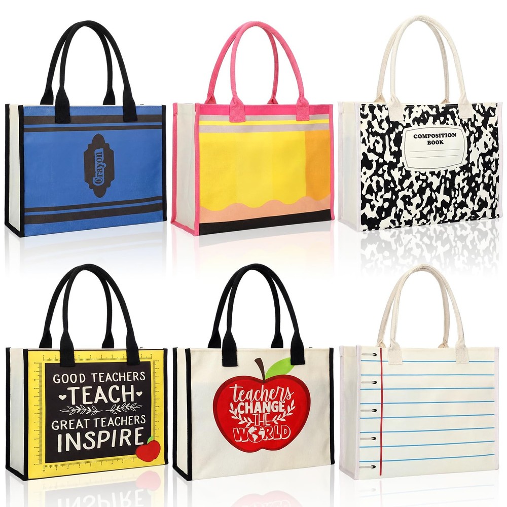 6 Pack End of Year Teacher Gifts Bulk Bags Teachers Canvas Tote Bags Pencil C…