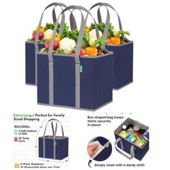 Heavy Duty Reusable Grocery Bags – X-Large 3 Pack, Stylish Box Shape, Navy Blue